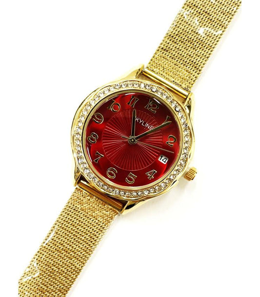 Reloj mujer redondo dorado y granate