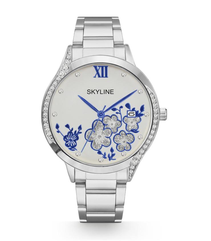 Reloj mujer acero con flores azules