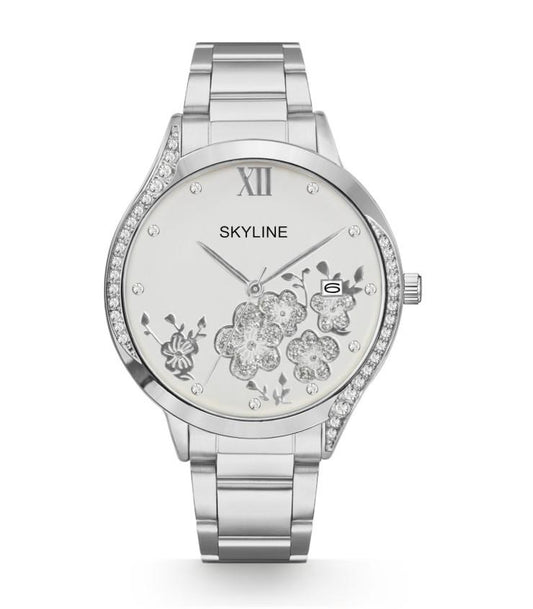 Reloj mujer acero con flores plata