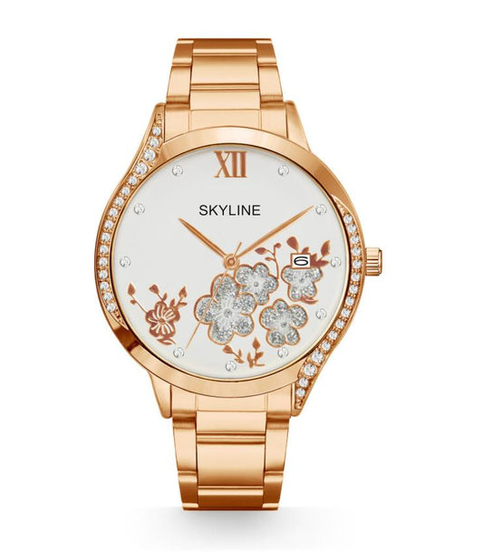 Reloj mujer acero con flores oro rosa