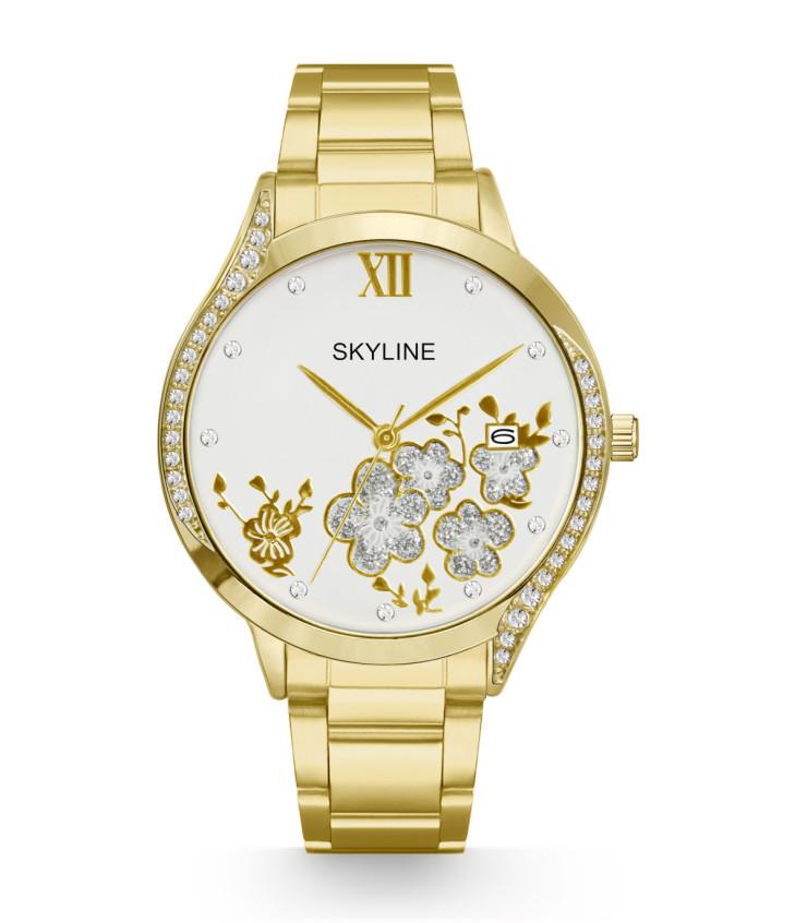 Reloj mujer acero con flores oro